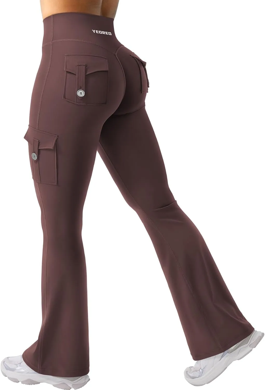 YEOREO Women Workout Flare Leggings with Pockets Hidden Scrunch High Waisted Cargo Gym Yoga No Front Seam Leggings