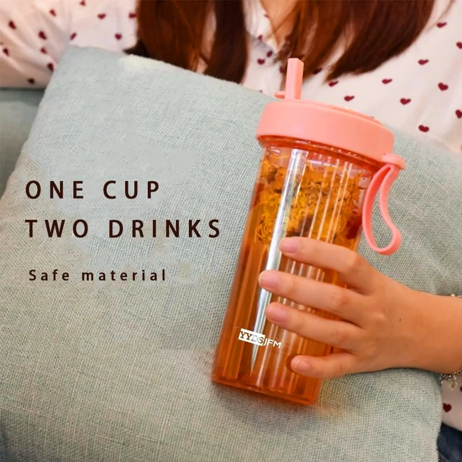 YYDSJFM Creative Water Cup,One Cup of Two Different Drinks Two Straws Couple Outdoor 600ml Drinking Cup for Camping Hiking Backpacking Travel Office