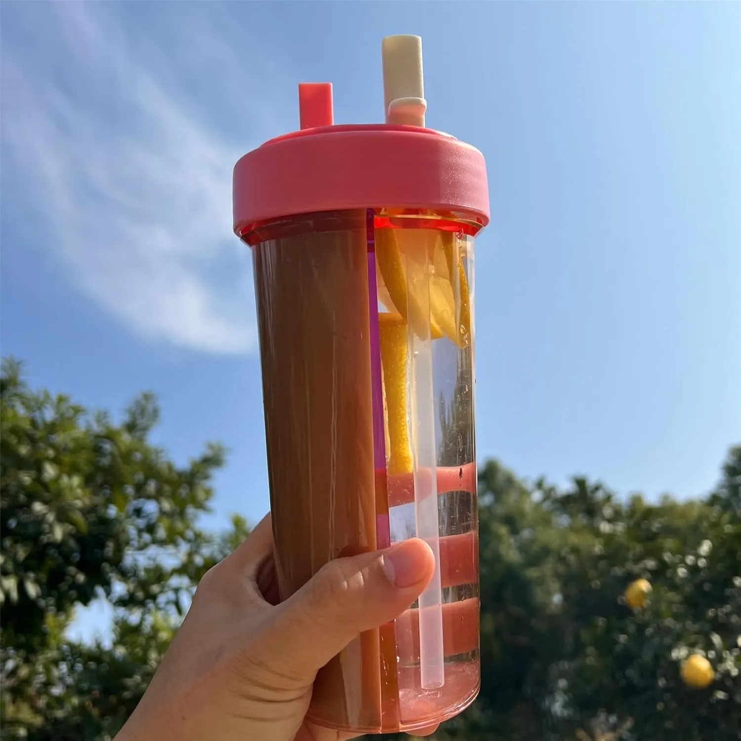 YYDSJFM Creative Water Cup,One Cup of Two Different Drinks Two Straws Couple Outdoor 600ml Drinking Cup for Camping Hiking Backpacking Travel Office