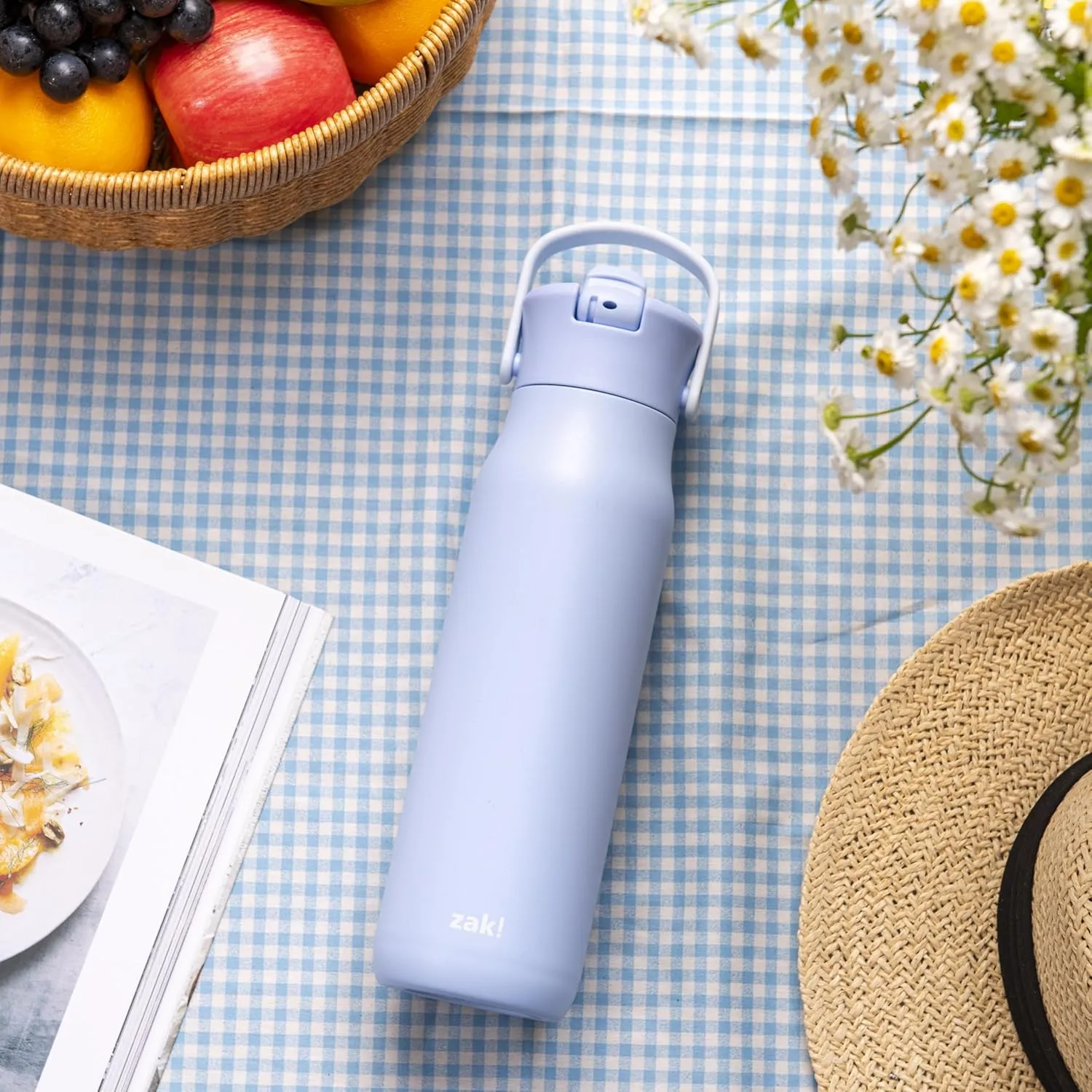 Zak Designs Harmony Water Bottle for Travel or At Home, 32oz Stainless Steel is Leak-Proof When Closed and Vacuum Insulated with Straw Lid and Carry Handle (Provence Blue)