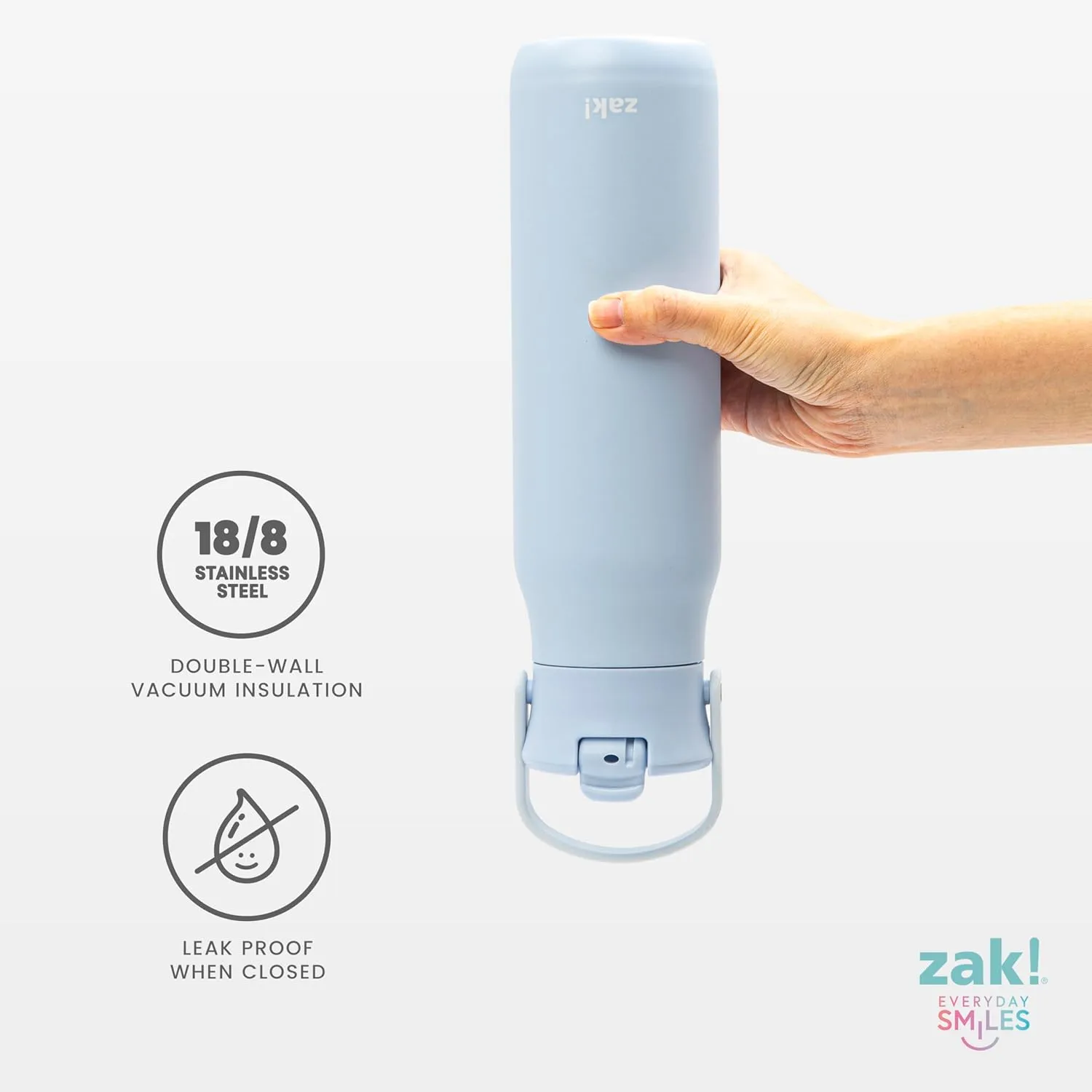 Zak Designs Harmony Water Bottle for Travel or At Home, 32oz Stainless Steel is Leak-Proof When Closed and Vacuum Insulated with Straw Lid and Carry Handle (Provence Blue)