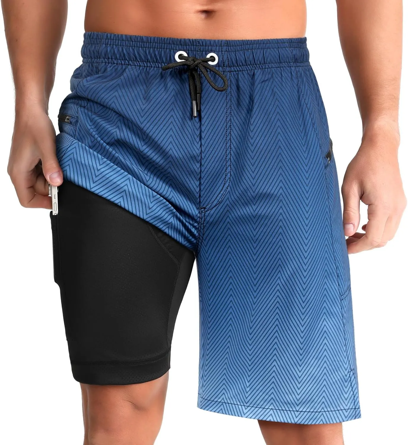zeetoo Mens Swim Trunks with Compression Liner 9" Inseam Quick Dry Swim Shorts with Zipper Pockets Bathing Suit