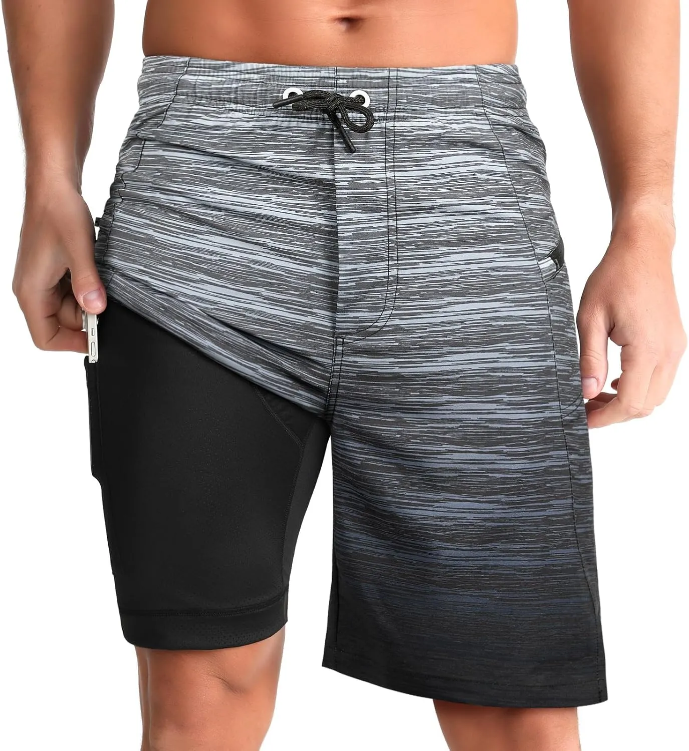 zeetoo Mens Swim Trunks with Compression Liner 9" Inseam Quick Dry Swim Shorts with Zipper Pockets Bathing Suit