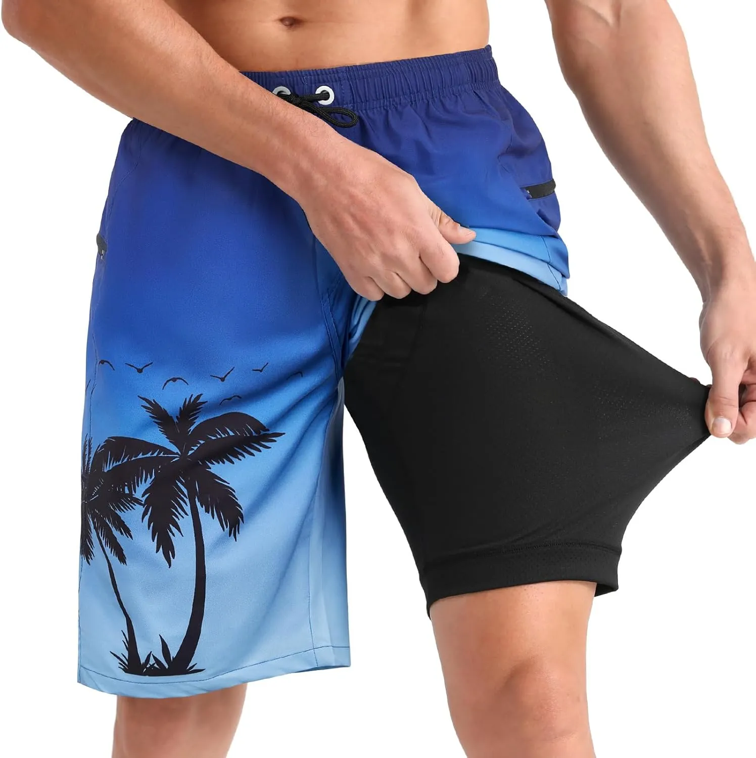 zeetoo Mens Swim Trunks with Compression Liner 9" Inseam Quick Dry Swim Shorts with Zipper Pockets Bathing Suit