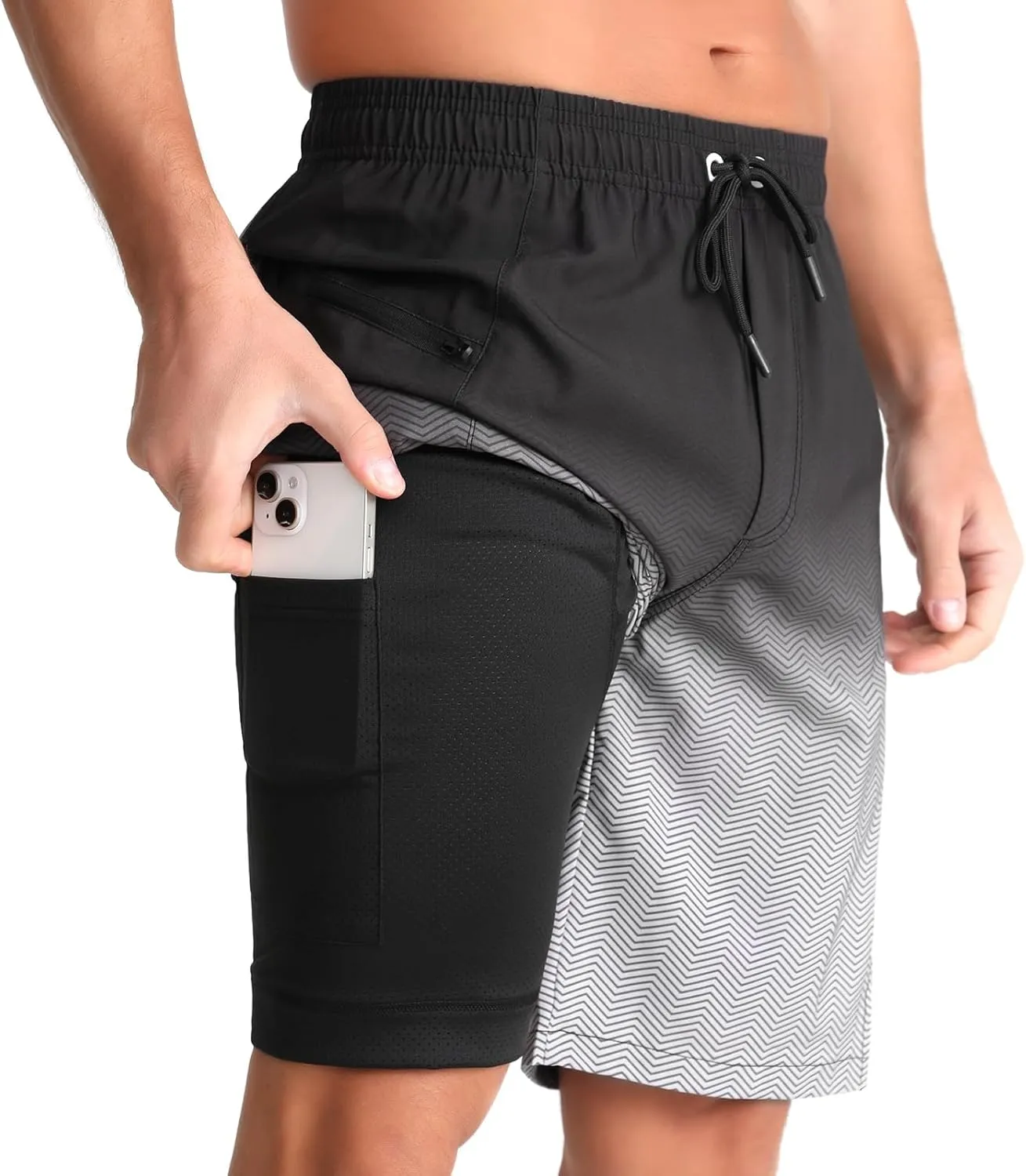 zeetoo Mens Swim Trunks with Compression Liner 9" Inseam Quick Dry Swim Shorts with Zipper Pockets Bathing Suit
