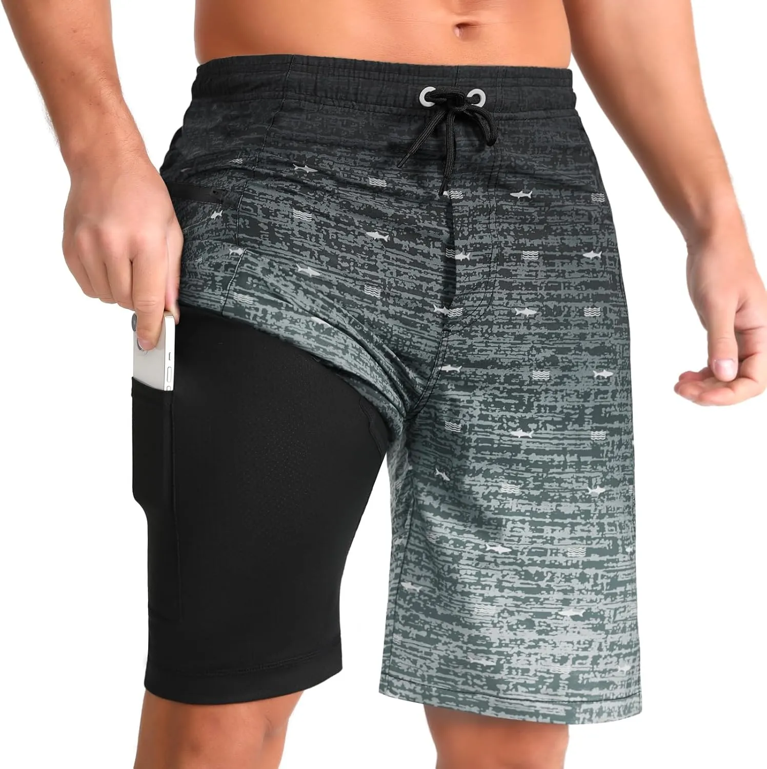 zeetoo Mens Swim Trunks with Compression Liner 9" Inseam Quick Dry Swim Shorts with Zipper Pockets Bathing Suit