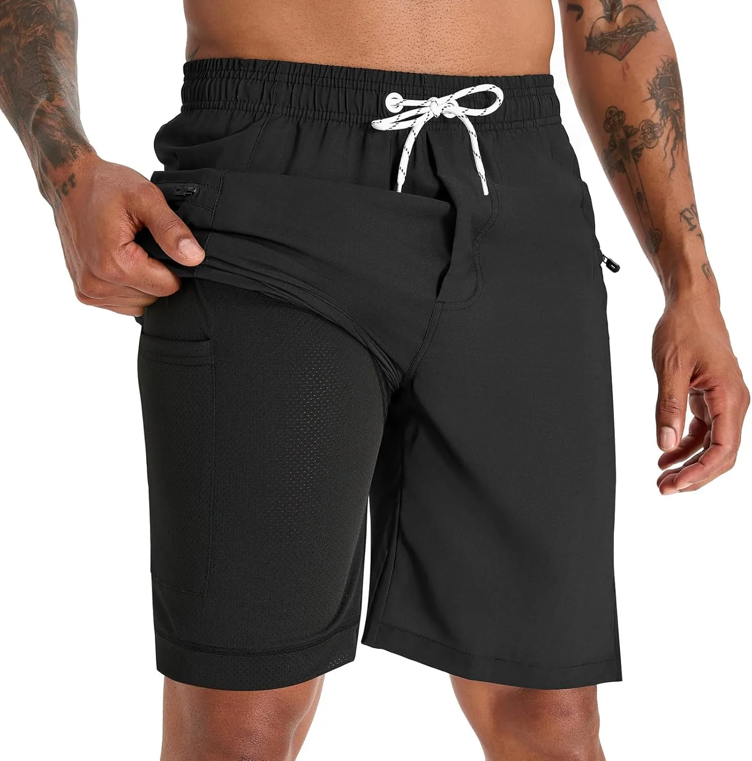 zeetoo Mens Swim Trunks with Compression Liner 9" Inseam Quick Dry Swim Shorts with Zipper Pockets Bathing Suit