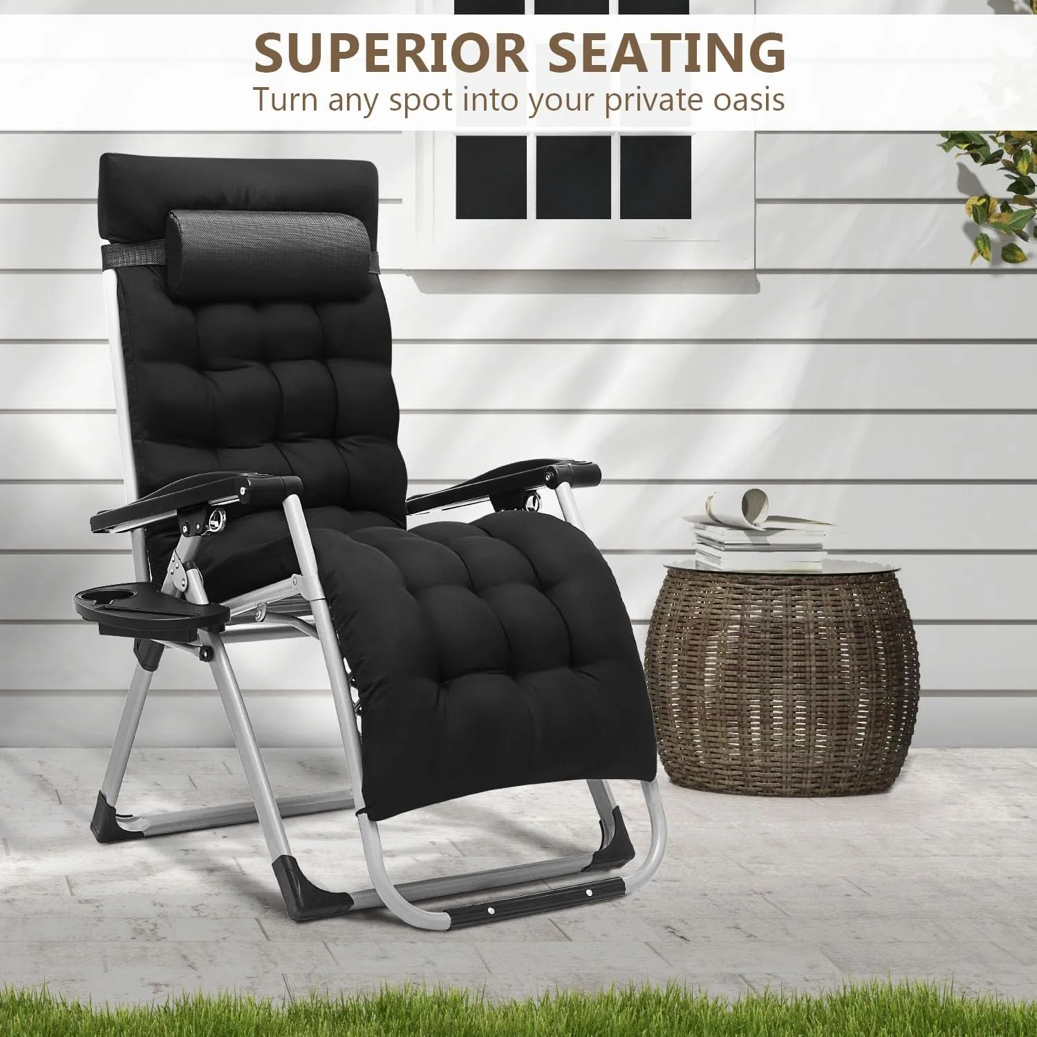 Zero Gravity Chair, Portable Folding Reclining Lounge Chairs with Adjustable Cushion and Cup Holder Trays for Outdoor, Patio, Beach, Camping, Garden, Poolside, Black