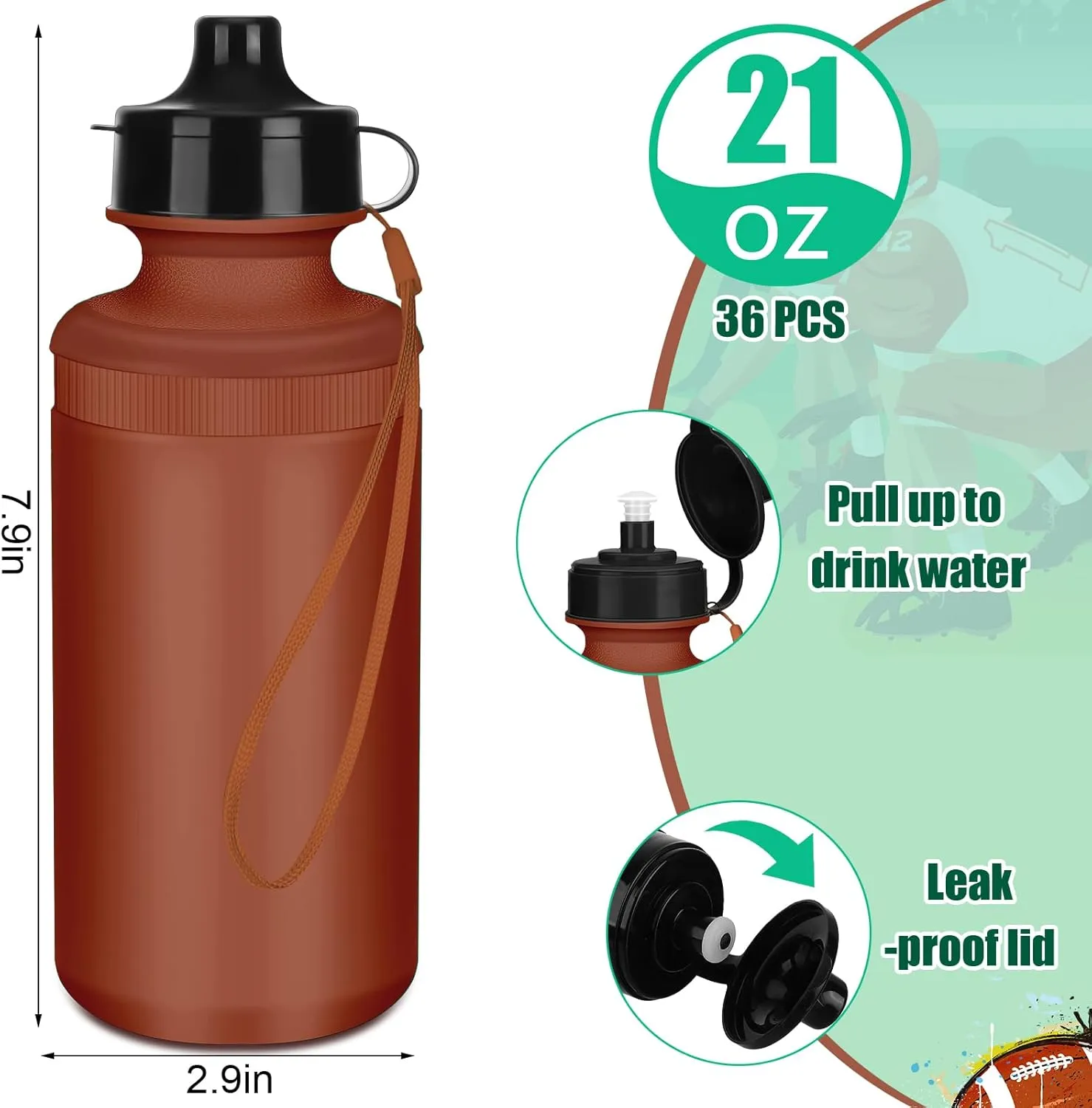 Zubebe 36 Pcs Sport Water Bottles Bulk 21 oz Squeeze Reusable BPA-Free Plastic Water Bottle with Nylon Strap Leak Proof Blank DIY Cup for School Football Team Beach Summer Grad Gift