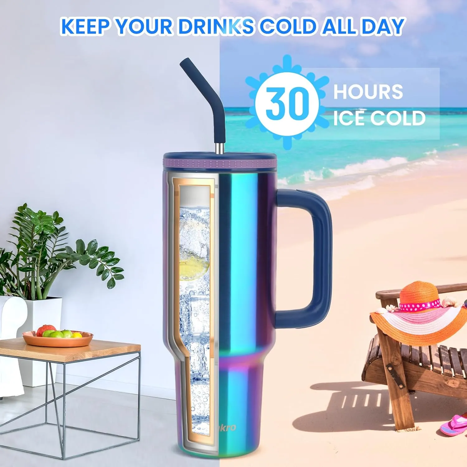 Zukro 40 oz Triple Insulated Tumbler with Handle and Straw Lid - Stainless Steel Cup Travel Mug Fits in Cupholder - No Sweat Water Bottle Keeps Drinks Cold 30 Hours - Dishwasher Safe - Animal