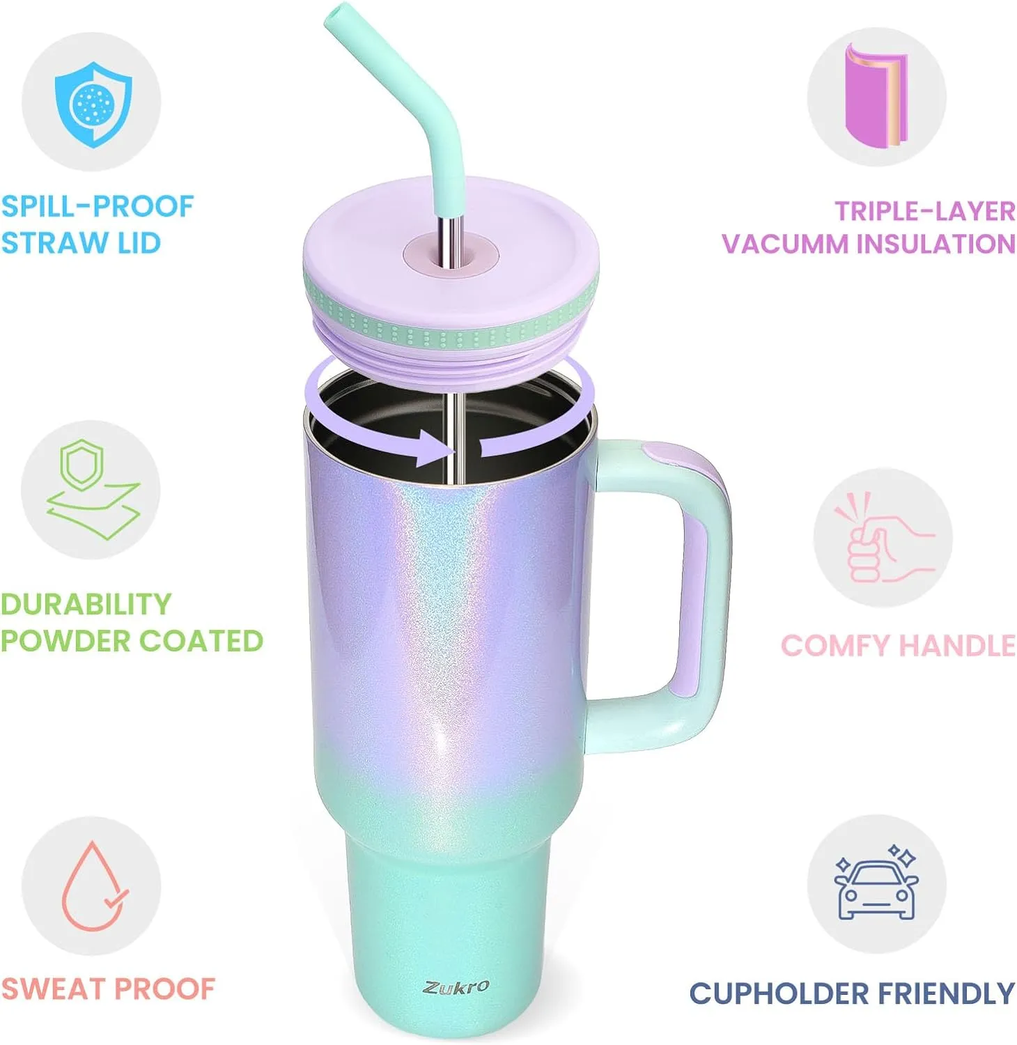Zukro 40 oz Triple Insulated Tumbler with Handle and Straw Lid - Stainless Steel Cup Travel Mug Fits in Cupholder - No Sweat Water Bottle Keeps Drinks Cold 30 Hours - Dishwasher Safe - Animal