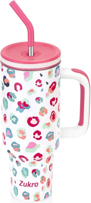 Zukro 40 oz Triple Insulated Tumbler with Handle and Straw Lid - Stainless Steel Cup Travel Mug Fits in Cupholder - No Sweat Water Bottle Keeps Drinks Cold 30 Hours - Dishwasher Safe - Animal