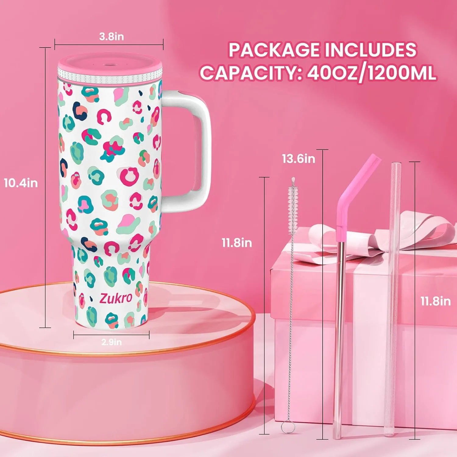 Zukro 40 oz Triple Insulated Tumbler with Handle and Straw Lid - Stainless Steel Cup Travel Mug Fits in Cupholder - No Sweat Water Bottle Keeps Drinks Cold 30 Hours - Dishwasher Safe - Animal