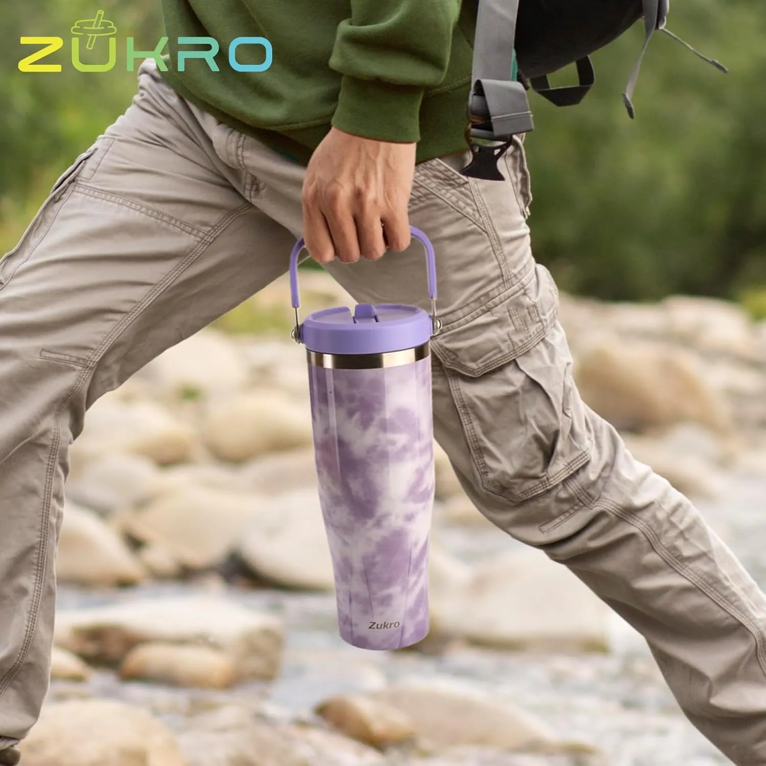 Zukro 50 OZ Tumbler With Flip Straw |Triple-Wall Vacuum Insulated Water Jug With Top Handle For Gym Sports Outdoors |Large Leak Proof Stainless Steel Water Bottle, Fit in Cupholder |Cold 34 Hours