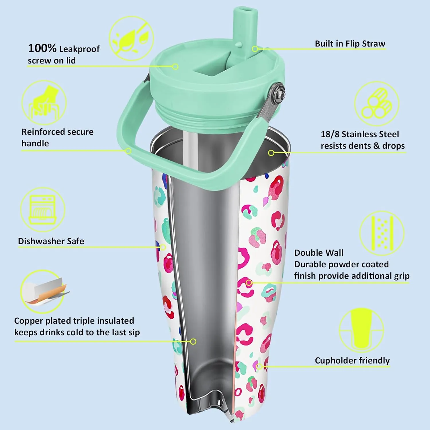 Zukro 50 OZ Tumbler With Flip Straw |Triple-Wall Vacuum Insulated Water Jug With Top Handle For Gym Sports Outdoors |Large Leak Proof Stainless Steel Water Bottle, Fit in Cupholder |Cold 34 Hours