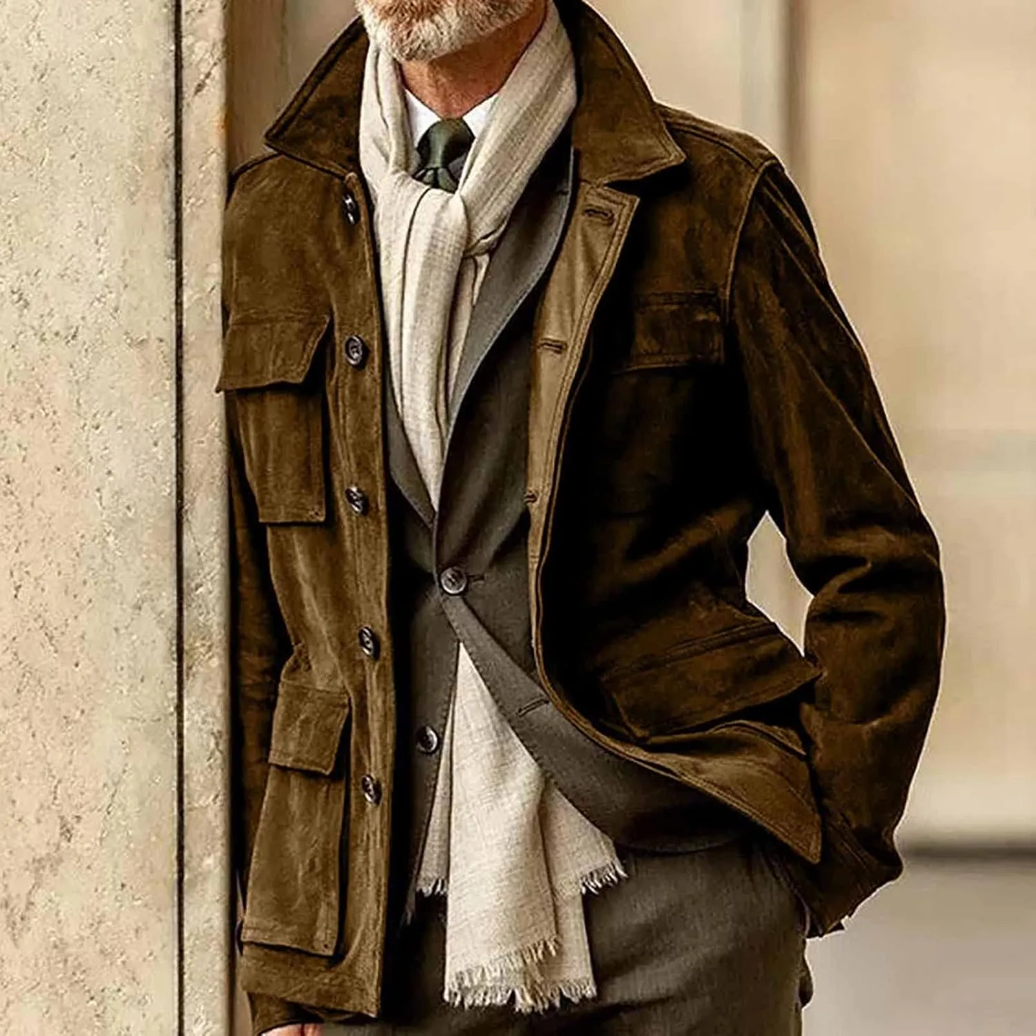 ZWRXW Men's 2023 Waterproof Suede Coat Vintage Classic Leather Jacket Casual Lapel Button Down Long Sleeve Winter Coats