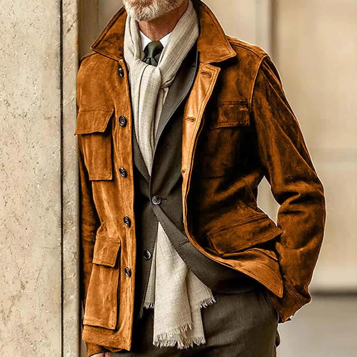 ZWRXW Men's 2023 Waterproof Suede Coat Vintage Classic Leather Jacket Casual Lapel Button Down Long Sleeve Winter Coats